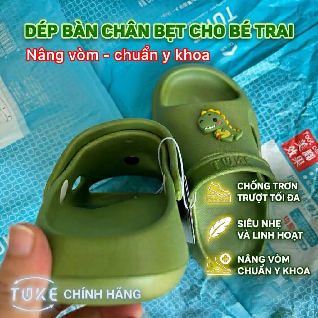 Dép quai hậu bàn chân bẹt, dép chỉnh hình bàn chân bẹt cho bé màu xanh lá charm khủng long