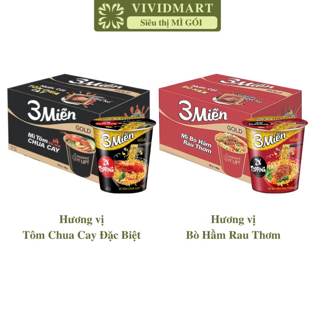 [THÙNG24LY] - - Mì ly 3 Miền Gold 2 vị: , Bò hầm rau thơm, Mì 3 Miền Gold ly ăn liền (65g/ly