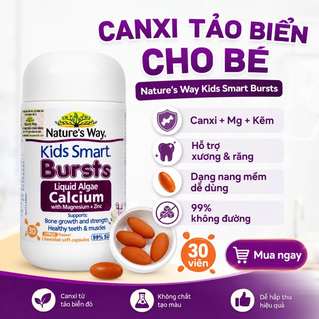 Nature's Way Kids Smart Bursts Calcium Magnesium 30 Viên - Hỗ Trợ Bổ Sung Canxi Magie Cho Bé
