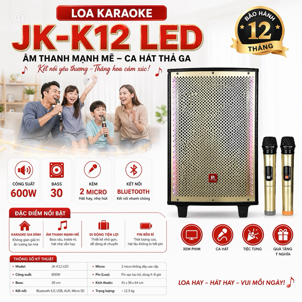 Loa Karaoke JK-K12 LED Loa Bass 30cm, Công Suất Lớn 600W, Kèm 2 Micro Karaoke Không Dây, Âm Bas Hay,