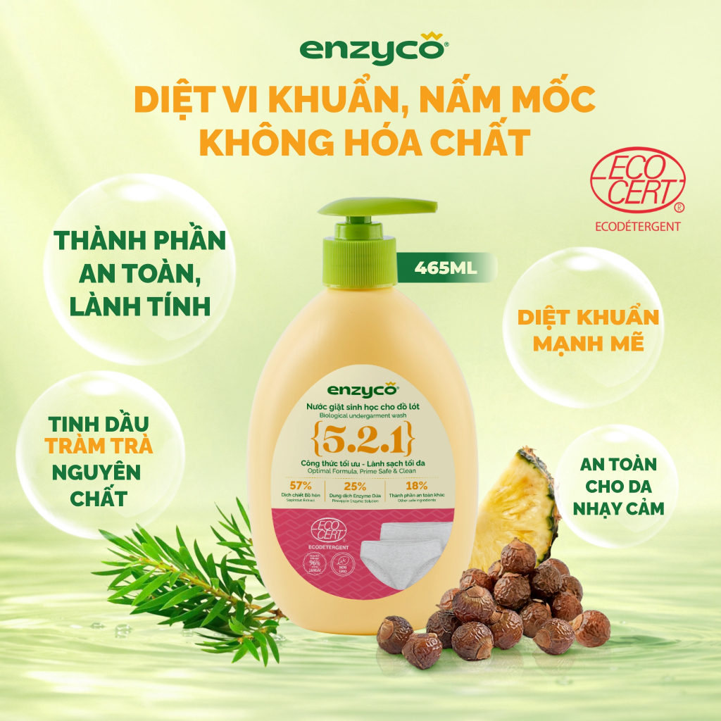 Nước giặt đồ lót sinh học ENZYCO 465ml - Chiết xuất Bồ hòn và Enzyme dứa, làm sạch an toàn