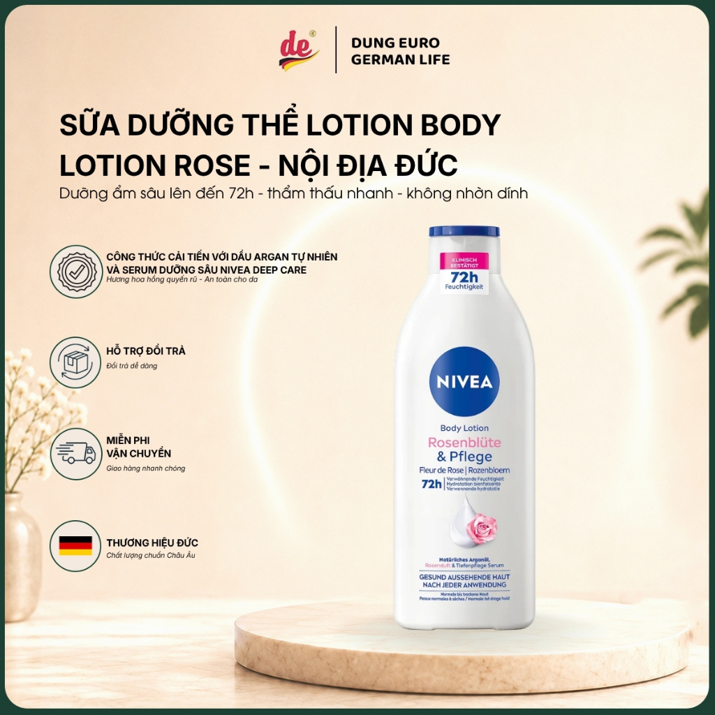 [Chuẩn Đức] Dưỡng thể Nivea Body Lotion Rose 72h, Sữa dưỡng thể Nivea Body Lotion Hoa Hồng