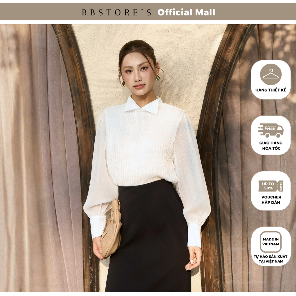 GRACY BY BBSTORE'S - Áo công sở voan diễu ly, xược tay dài lá cổ nhọn - AAD62V