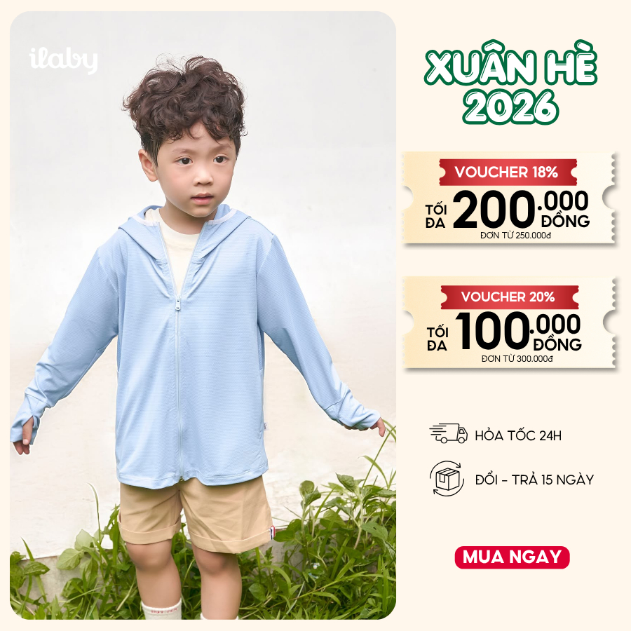Áo chống nắng bé trai ILABY chất liệu thun kim cương, có mũ trùm đầu cho bé [2553]