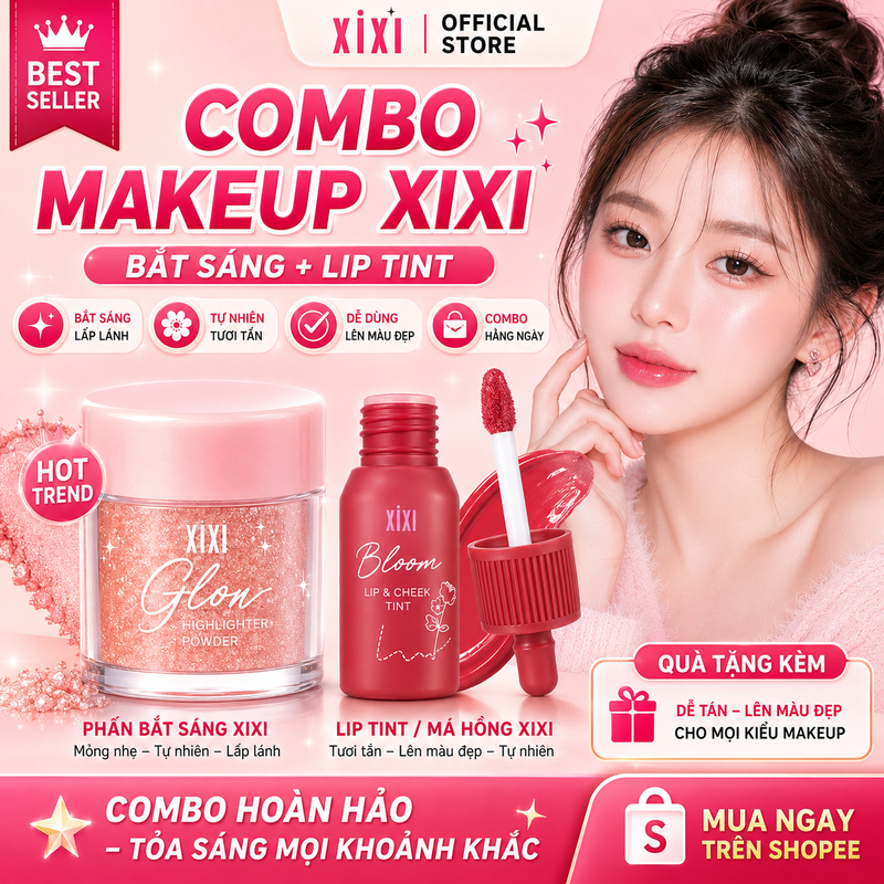 XIXI Combo Phấn Bắt Sáng Glow + Lip Tint Má Hồng Tự Nhiên Makeup Hằng Ngày D726+D514