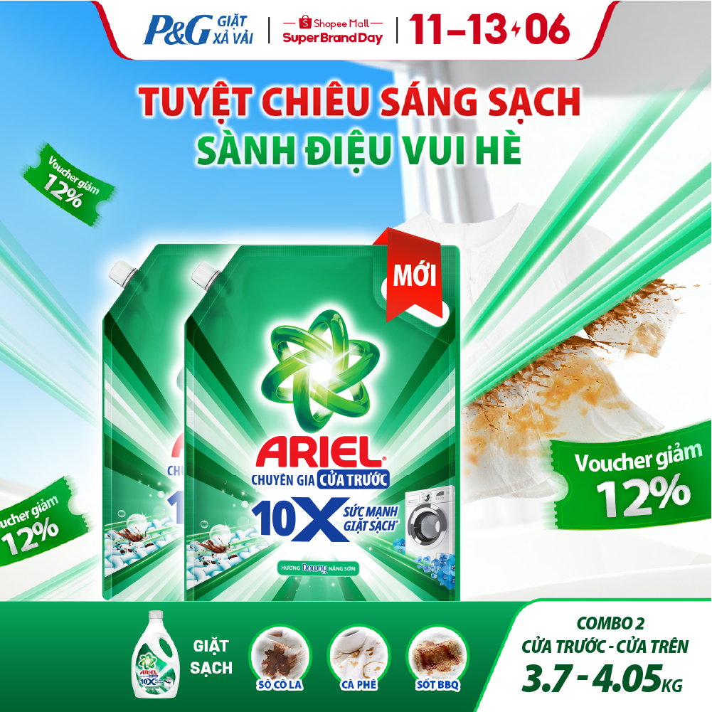 Combo 2 Nước Giặt Gel ARIEL 10X Sức Mạnh Giặt Sạch Chuyên Gia Hương Downy Nắng Sớm Cửa Trước Túi 3.7
