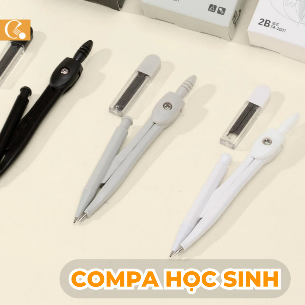 Compa học sinh vẽ kỹ thuật, bộ compa kèm ngòi chì thiết kế đen trắng hàng loại 1