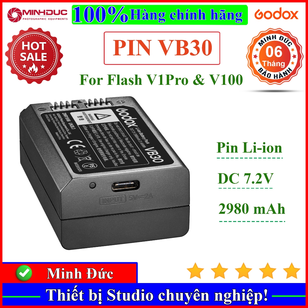 Pin Godox VB30 cho đèn Flash Godox V1Pro, V100 C/N/S/F/O 2980mAh ( MINH ĐỨC )