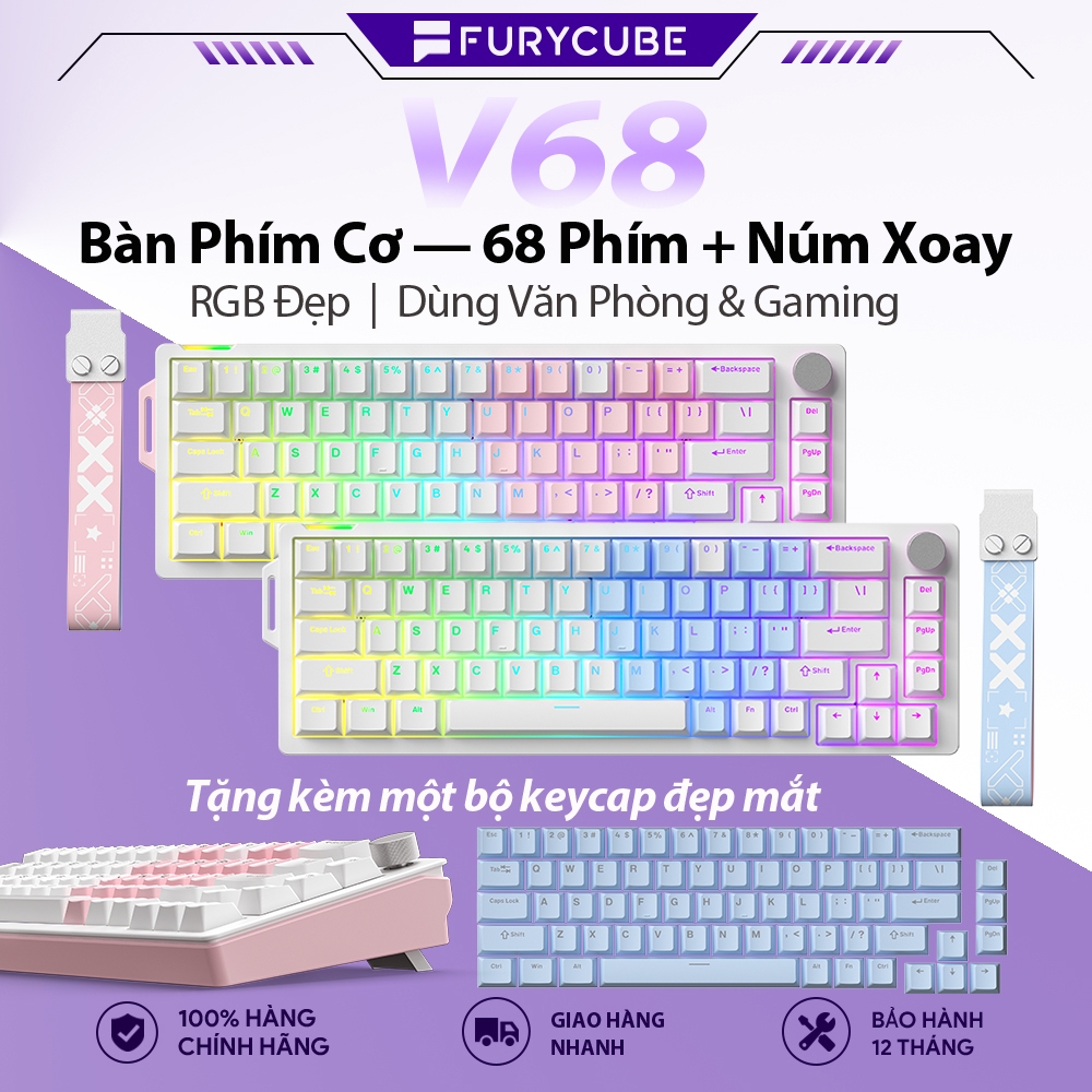 FURYCUBE V68 Bàn Phím Cơ Gaming 68%, RGB, Hotswap, 1kHz, Anti-Ghosting, FPS Esports, Tặng Keycap DIY