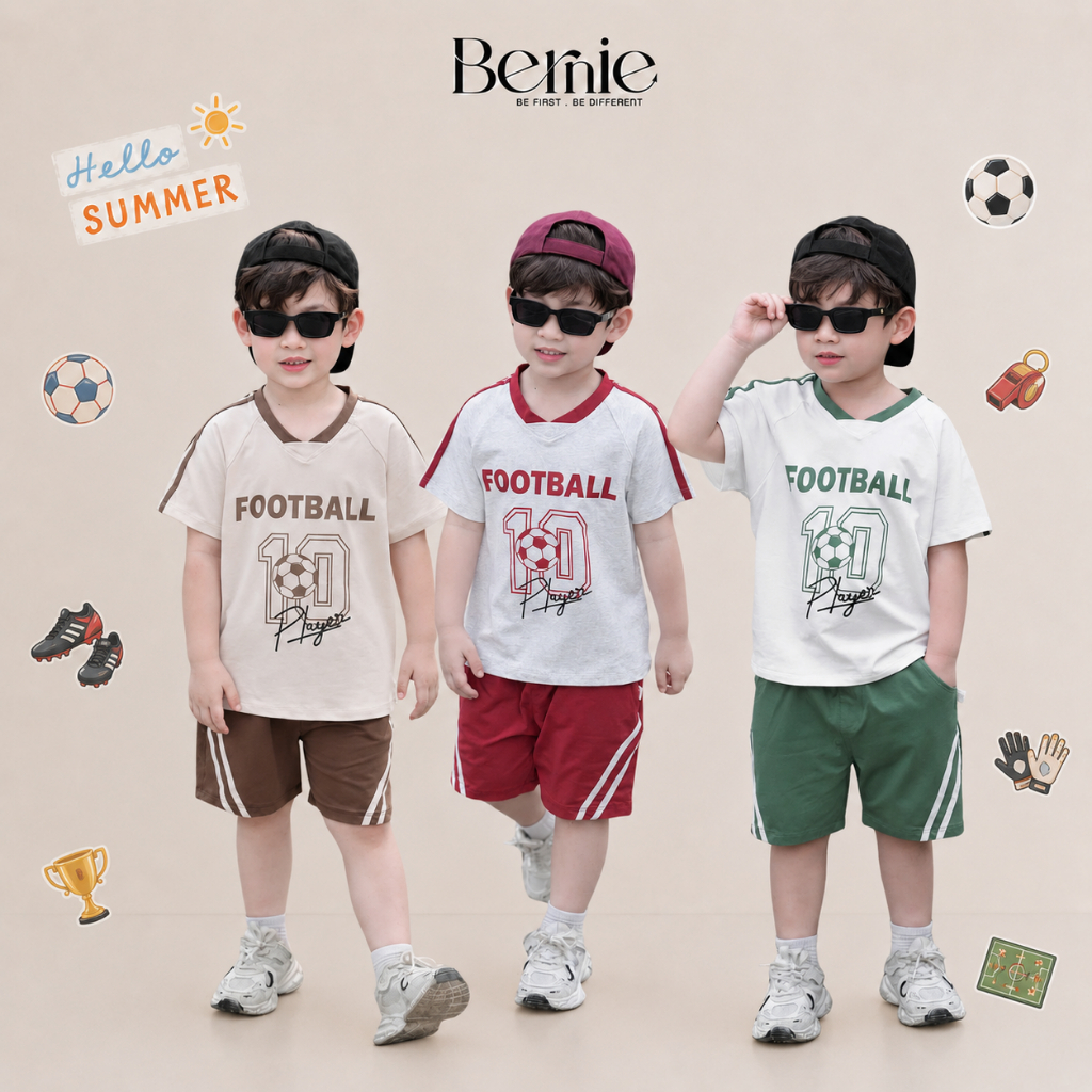 Set bộ thể thao Football bé trai áo tay ngắn in chữ và số kèm quần short 9 tới 28kg BERNIE H1125B36