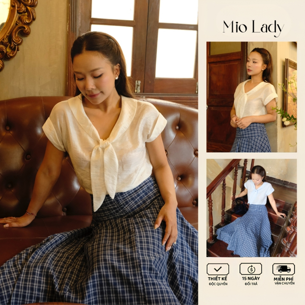 Áo sơ mi tơ óng cộc tay cổ thuyền thắt nơ, thanh lịch, nữ tính, vải mát không nhăn - Mio Lady AO034