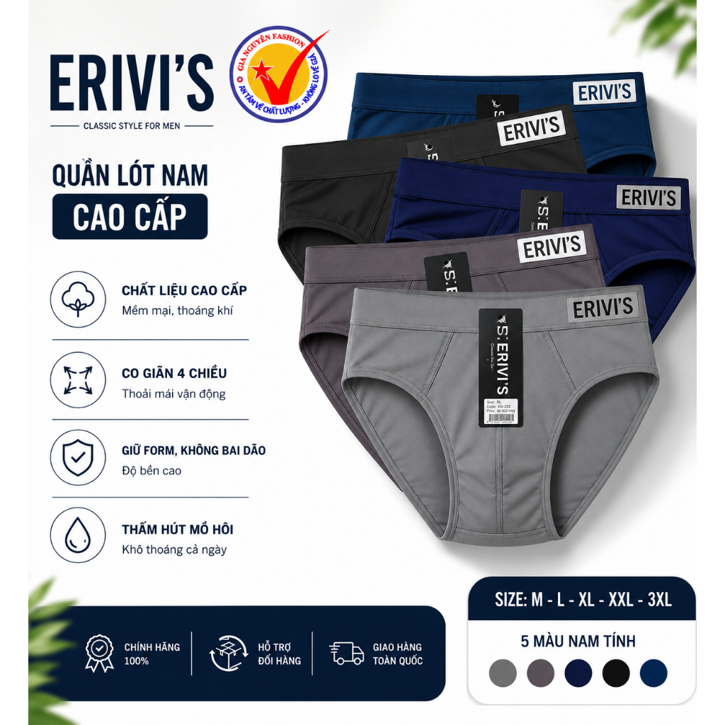 Set quần lót nam cao cấp Erivis Việt Nam, chất liệu cotton bamboo, co giãn bốn chiều, hàng chất lượn