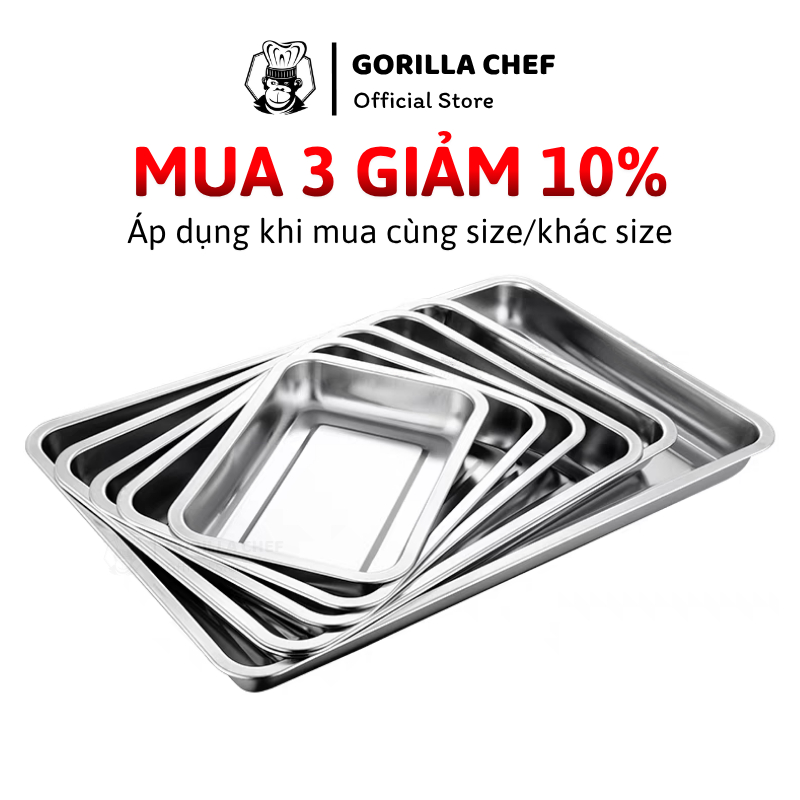 Khay inox đựng thức ăn sâu 2cm, 4.8cm Gorilla Chef mâm cơm, khay nướng bánh, khay nhà bếp bằng inox