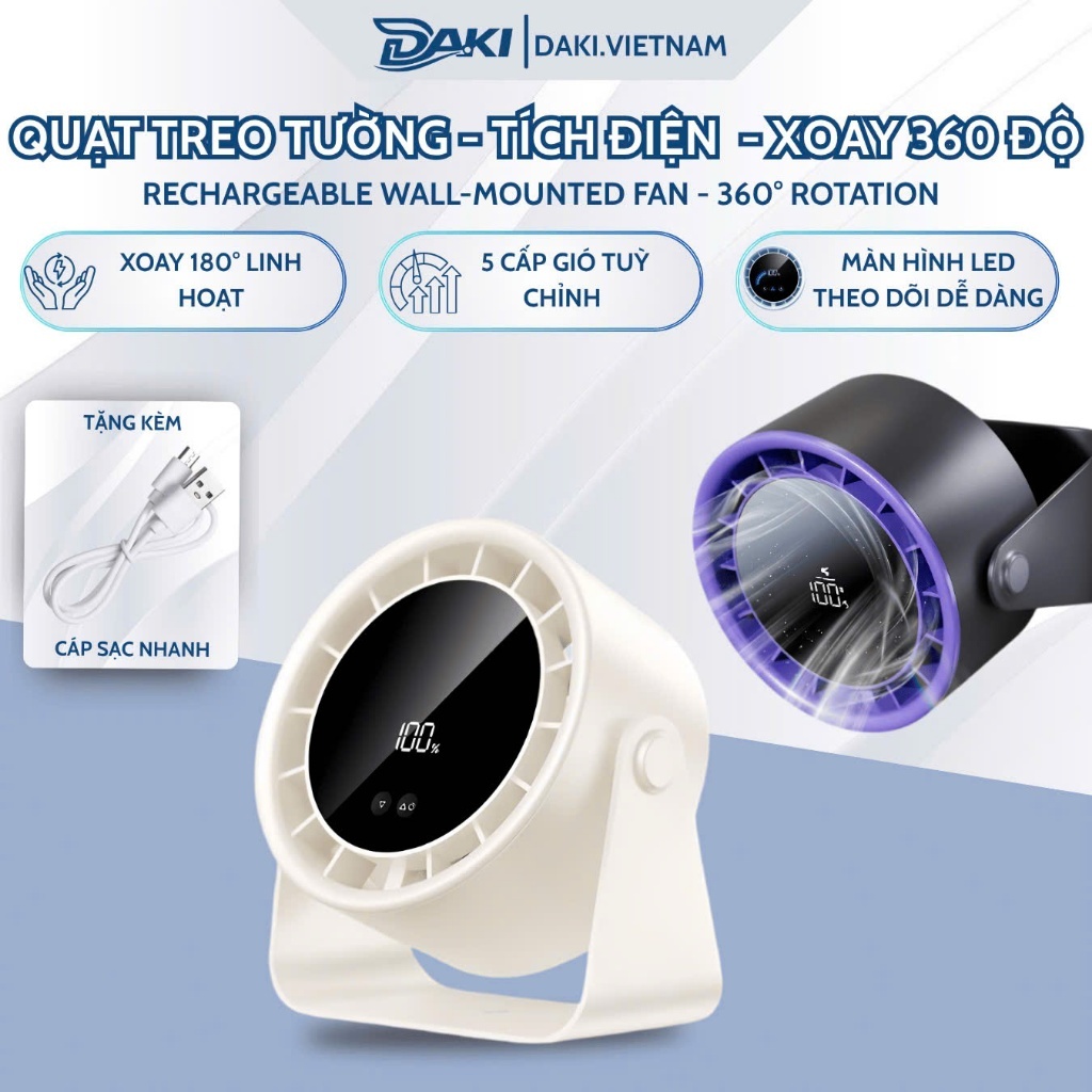 Quạt Treo Tường Tích Điện 5 Cấp Độ Gió Xoay 180 Độ Pin Sạc USB Màn Hình LED Nhỏ Gọn Để Bàn Hoặc Treo Tường Tiện Lợi