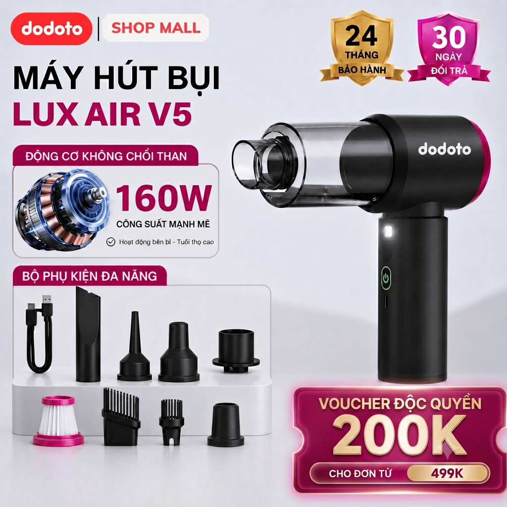 Máy hút bụi cầm tay dodoto Lux Air V5 hút sofa & nệm, bàn phím, hút gầm giường Bảo hành 24 tháng