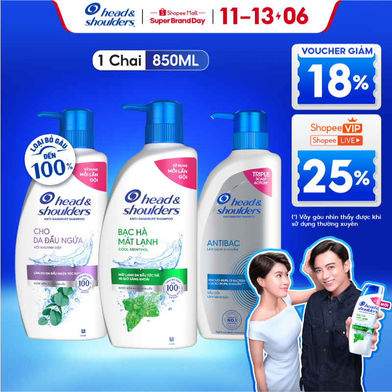 Dầu Gội Sạch Gàu HEAD & SHOULDERS Bạc Hà/ Giảm Ngứa Da Đầu/ Hương Chanh/ Sạch Sâu/ Làm Sạch Vi Khuẩn Chai 850ML