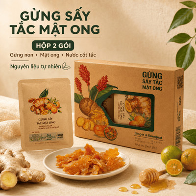Hộp Gừng Sấy Ăn Vặt Nam Xanh, Gừng Sấy Tắc Mật Ong, Ăn Vặt Healthy, Nguyên Liệu Tự Nhiên, Hộp 2 Gói