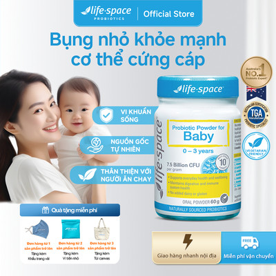 Men vi sinh Life Space Powder For Baby giúp hỗ trợ tốt cho tiêu hóa, hỗ trợ tăng cường sức đề kháng cho bé 0-3 tuổi 60g