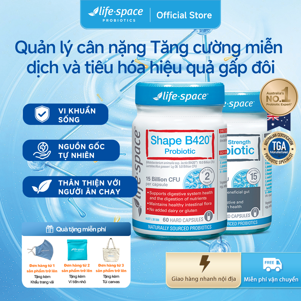 Combo Men vi sinh Life-Space Shape B420 60 viên và Double Strength Probiotic 30 viên Prebiotic