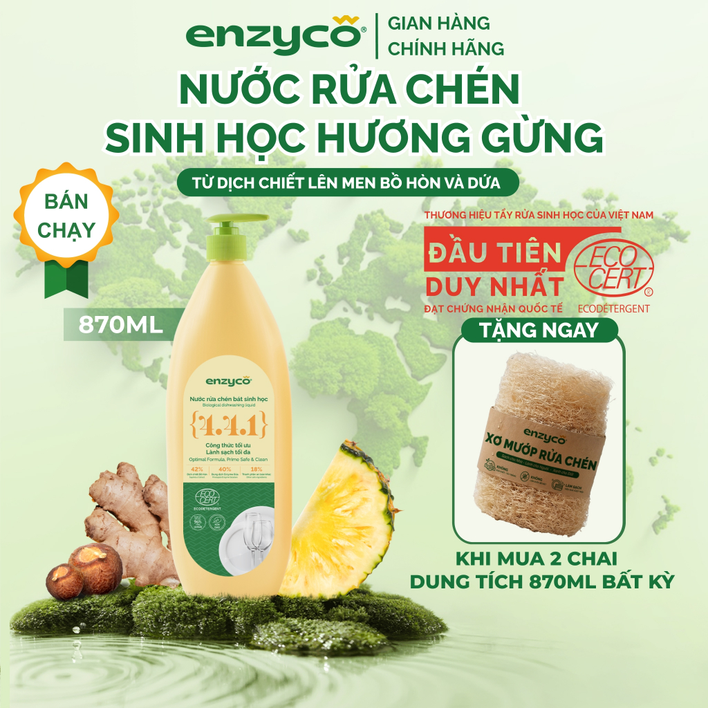 Nước Rửa Chén Bát Sinh Học Enzyco 870ml - Từ Bồ Hòn Và Dứa, Sạch Dầu Mỡ, Dịu Da Tay, An Toàn Chuẩn Q