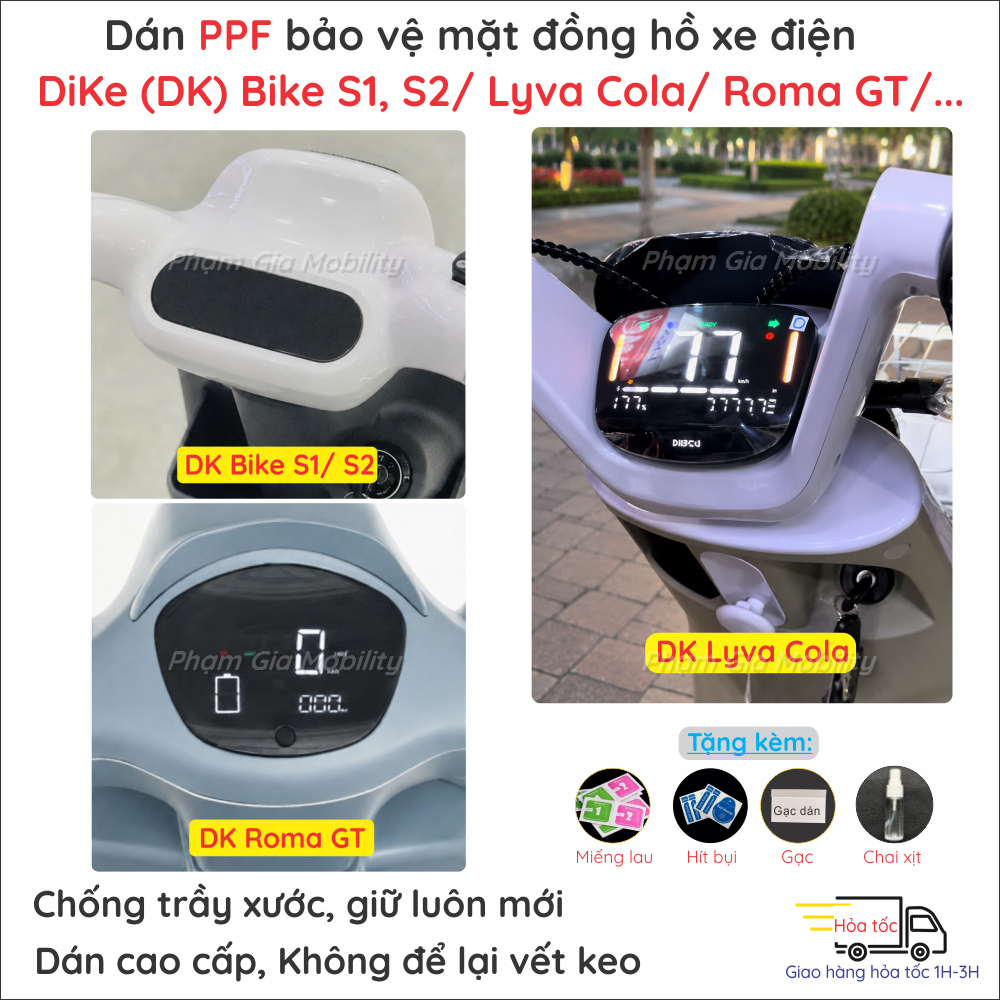 Dán PPF màn hình xe máy điện cho Dike DK Bike VC S1 S2/ Lyva Cola/ Roma GT G T PPF, nano dẻo trong s