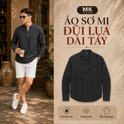 Áo Đũi Lụa Nam Dài Tay Màu Xám Prime MK CLEVER Chất liệu đũi lụa mềm mịn, thoáng mát, lên dáng đẹp, form tiêu chuẩn