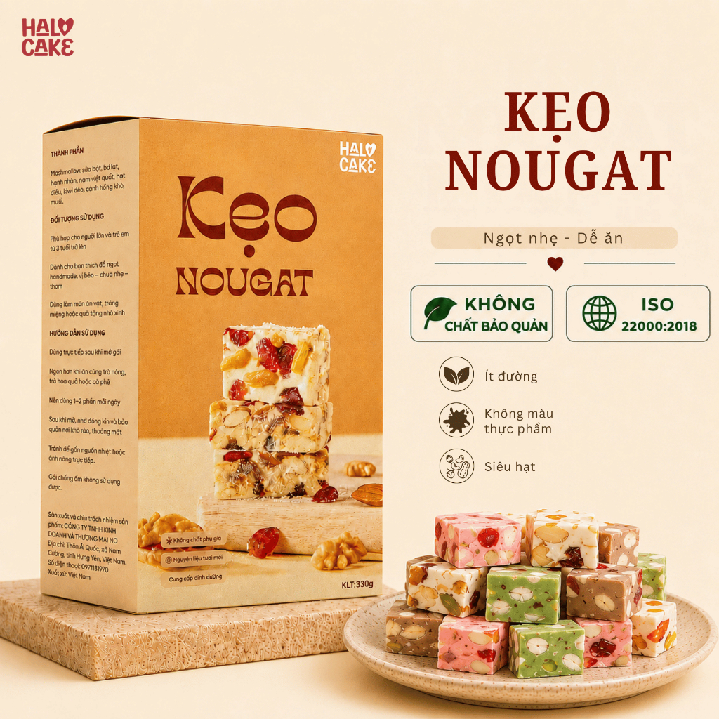 300g KẸO NOUGAT ĂN KIÊNG MIX HẠT DINH DƯỠNG (Ít Ngọt, Mềm Dẻo) - Halo Cake