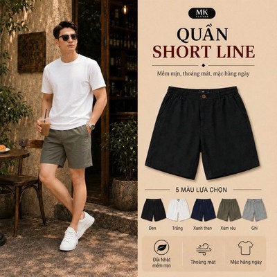 Quần Short Nam chất Đũi Line MK CLEVER chất liệu mềm mát, cạp phối lưng thun trẻ trung, form trên gối mặc hàng ngày