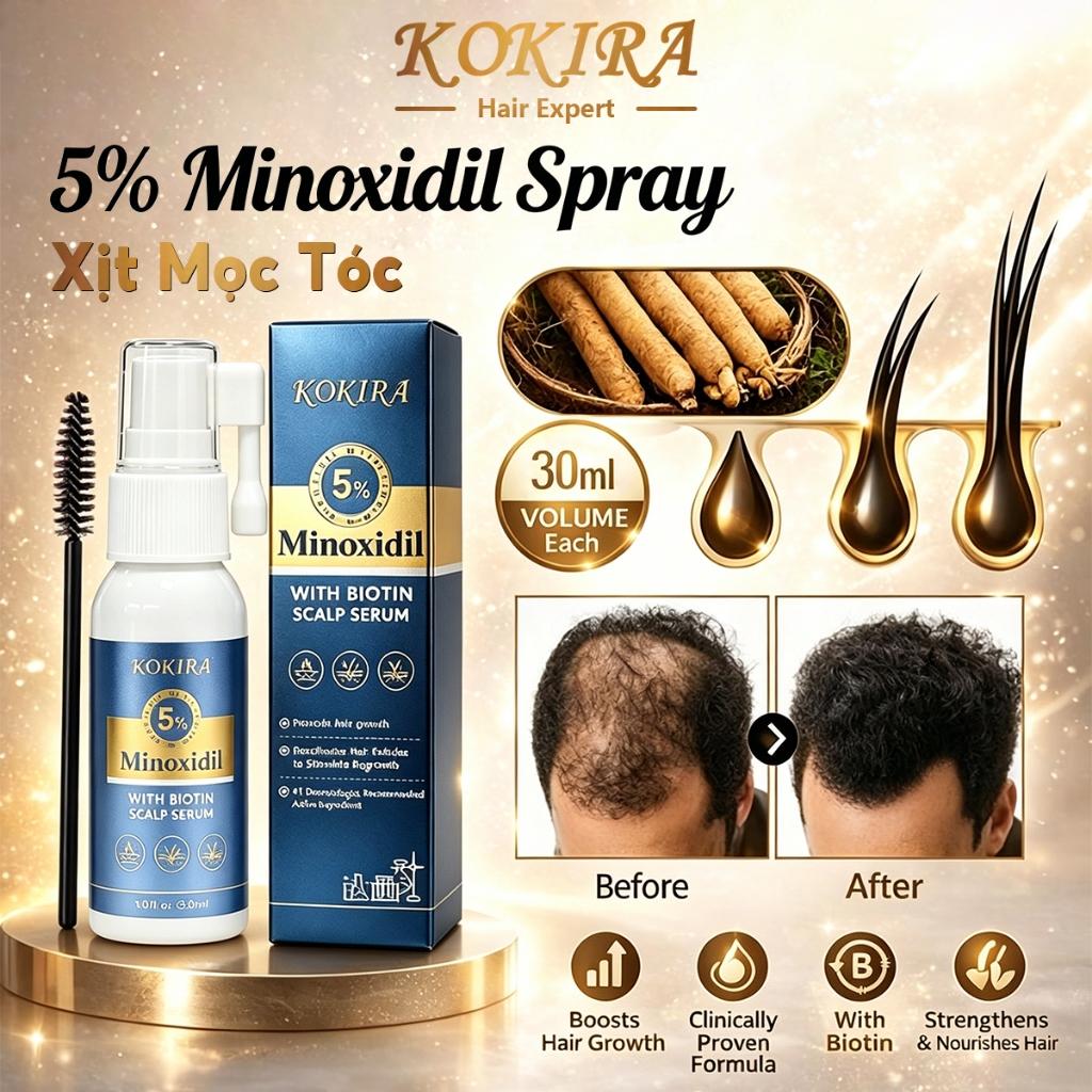 KOKIRA Minoxidil 5% Xịt mọc tóc Kích thích mọc tóc nhanh Chống rụng tóc cho nam nữ Xịt dưỡng tóc