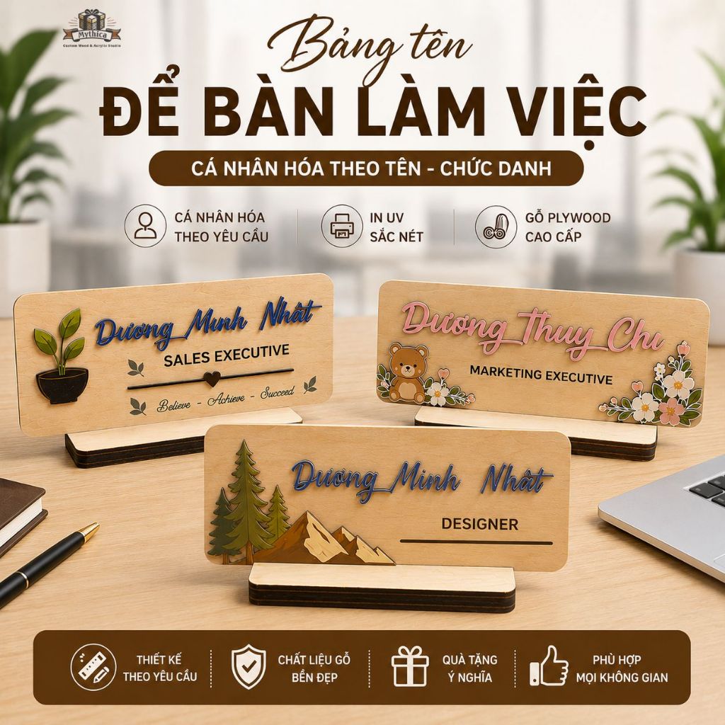 Bảng Tên Chức Danh Để Bàn Gỗ In UV Cá Nhân Hóa 3 Mẫu — ảnh listing minh họa