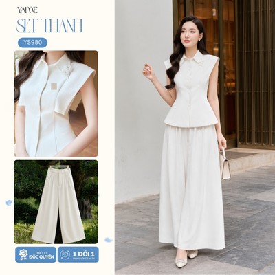 Set Thiết Kế Nữ YAME Gồm Áo Cổ Đức Đính Hoa Ren & Quần Suông Ống Dài Xếp Ly, Túi Sườn - Thanh YS980
