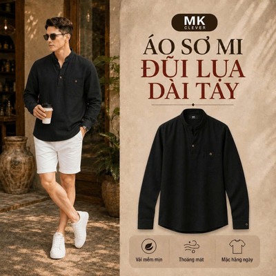 Áo Đũi Lụa Nam Dài Tay Màu Đen  MK CLEVER Chất liệu đũi lụa mềm mịn, thoáng mát, lên dáng đẹp, form tiêu chuẩn