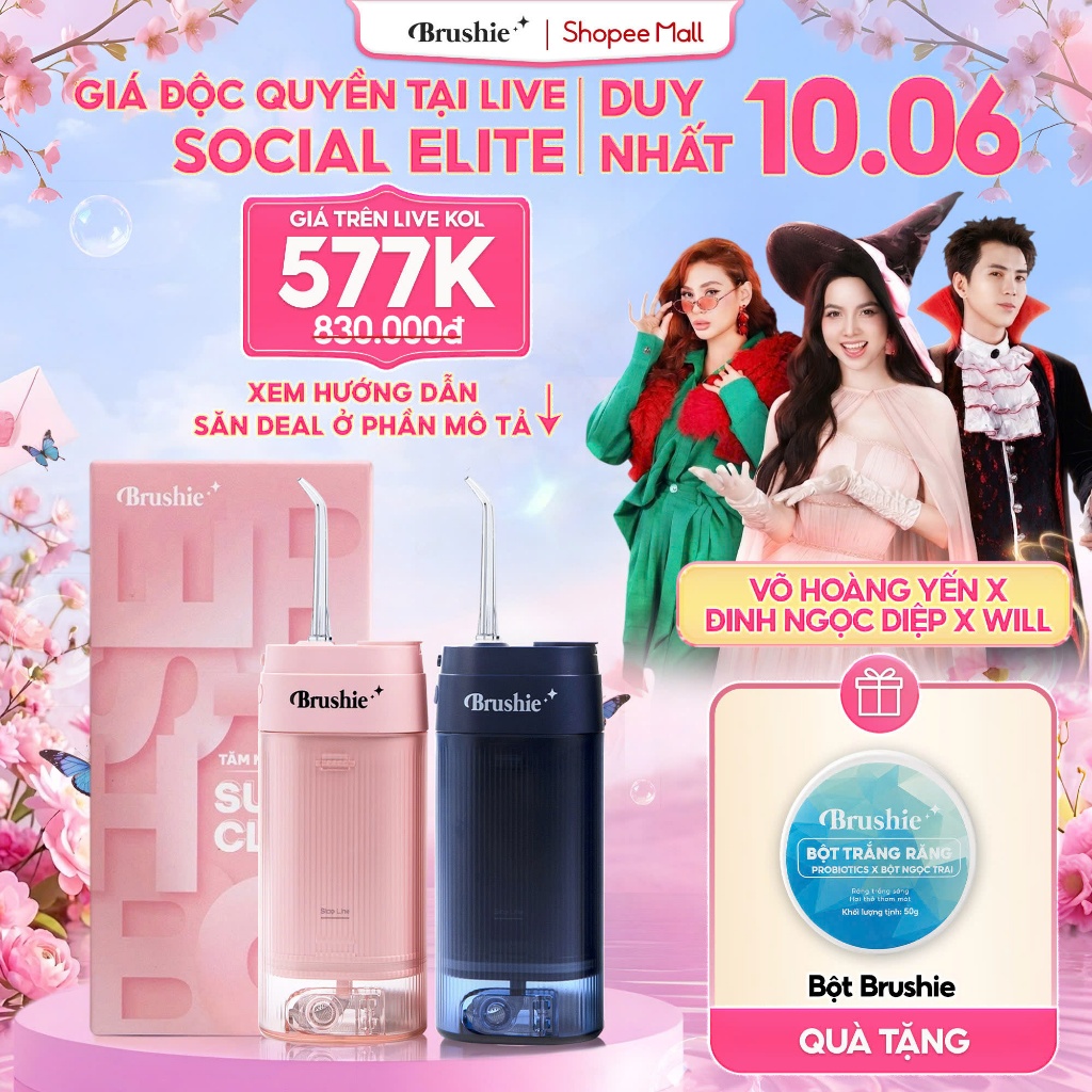 [GIÁ 577K LIVE SOCIAL ELITE] Tăm nước Brushie Super Clean Flossie,Cải Tiến 17 Chế Độ Làm Sạch Sâu Ch