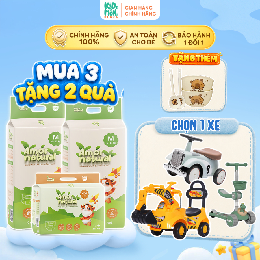 (3A) [COMBO SIÊU XE] COMBO 3 bịch tã/bỉm Amor Natural Việt thấm nhanh, thoáng mát đủ size NB/S/M/L/X
