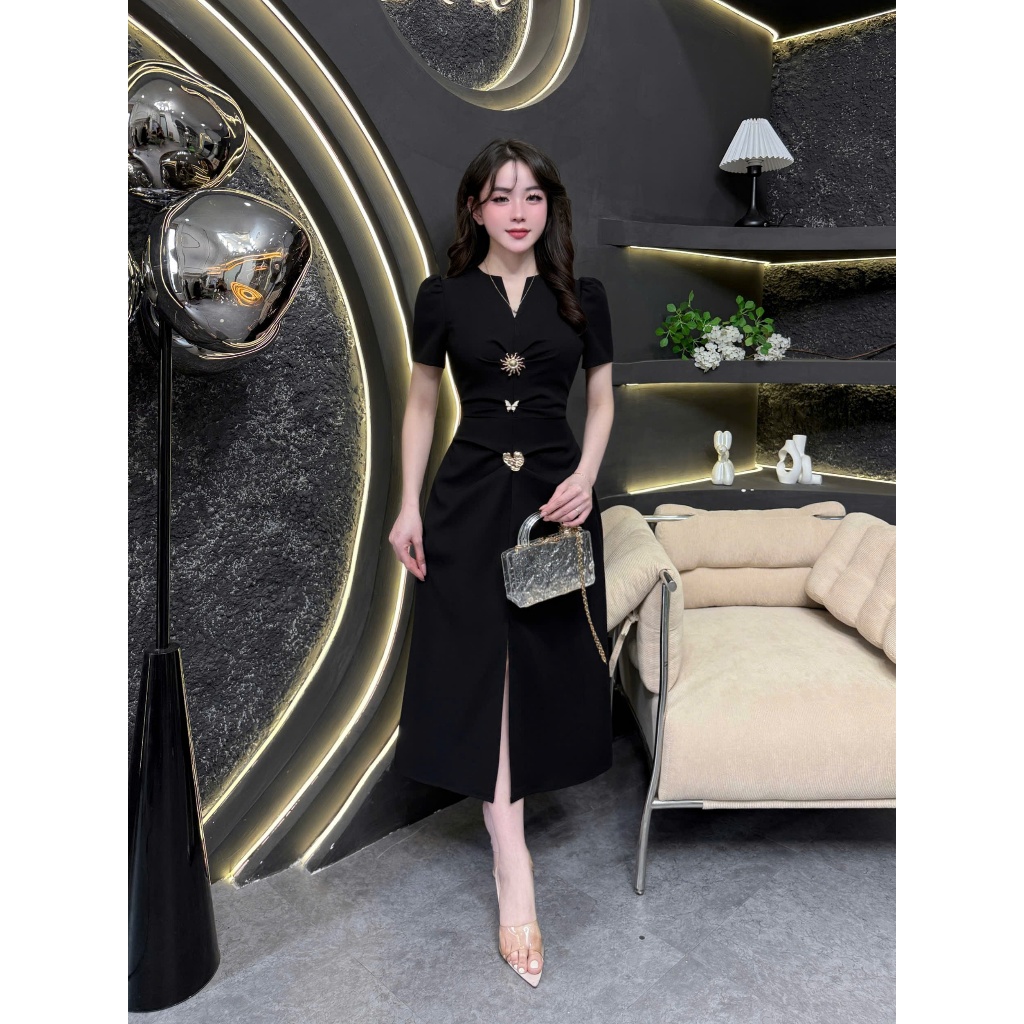 TY269 - Váy Thiết Kế Evii dành cho nữ, Đầm thiết kế cổ V (tặng kèm 3 tag cài) dáng A dài xẻ trước