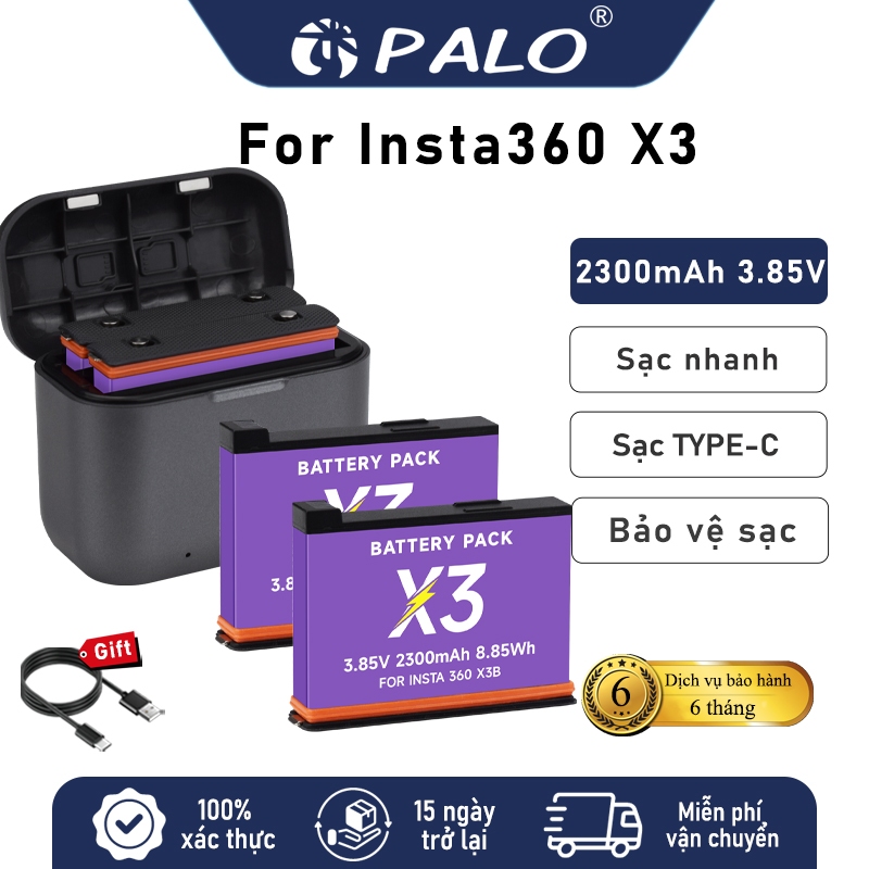 PALO Bộ 2 Pin + Sạc Đôi Insta360 X3 2300mAh Sạc nhanh cho camera Insta360 X3