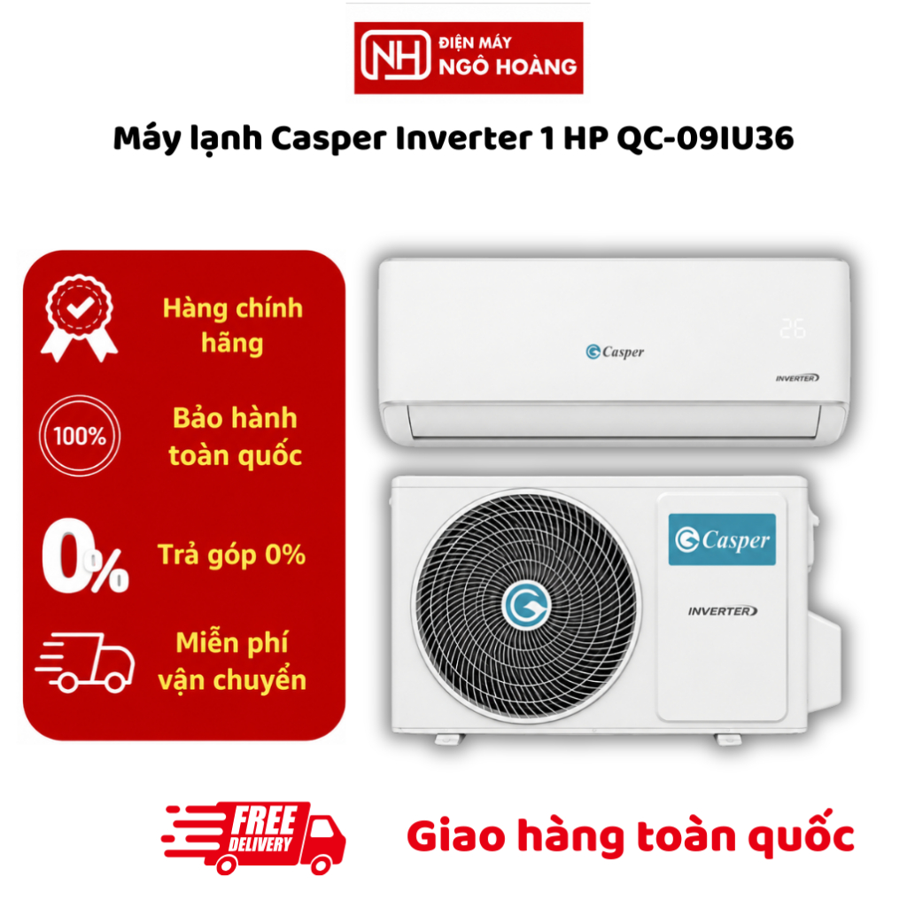 QC-09IU36 - Máy lạnh Casper Inverter 1 HP QC-09IU36 – Điều hòa 1 chiều 9000BTU, tiết kiệm điện, làm 
