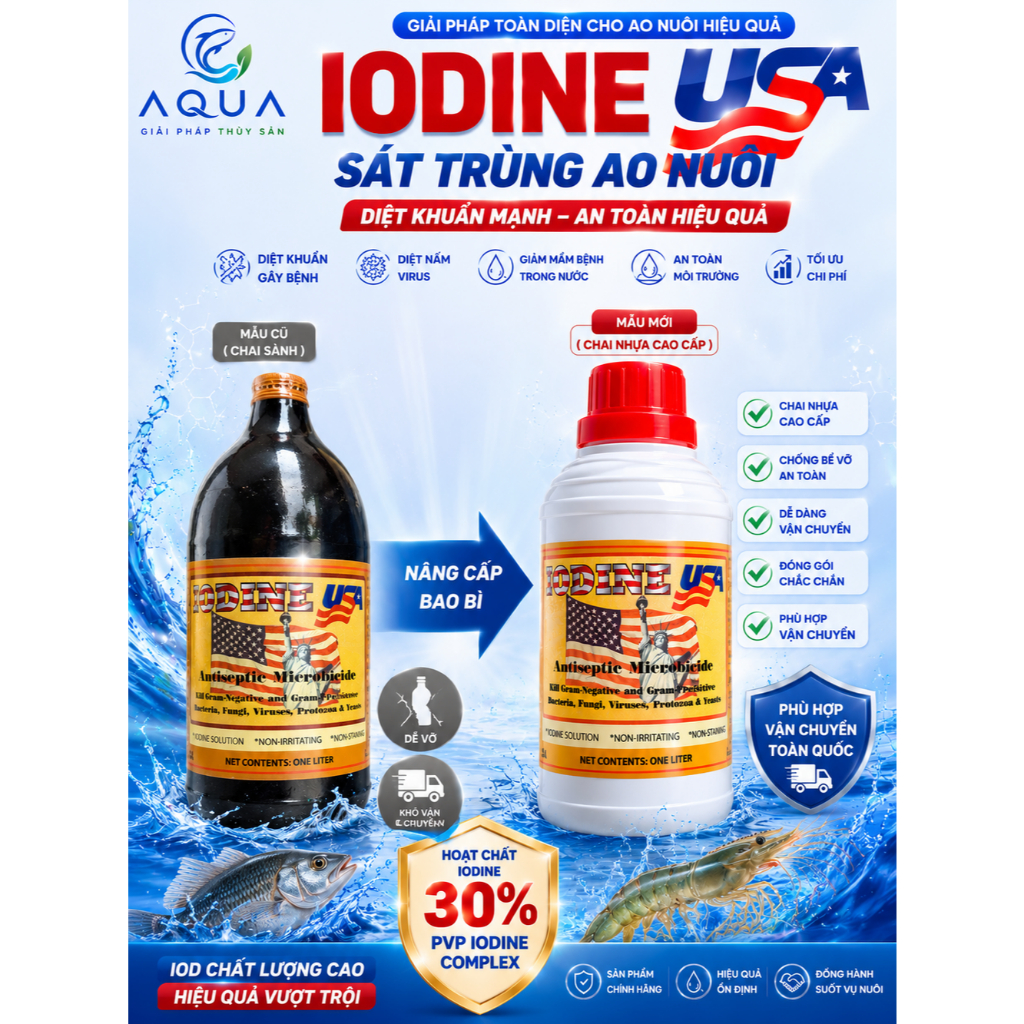 IODINE USA 30% PVP Iodine Sát Trùng Ao Nuôi Diệt Khuẩn Tôm Cá Chai Nhựa 1 Lít