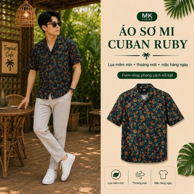 Áo Sơ Mi Cuban nam Ruby MKCLEVER Chất lụa mềm mịn thoáng mát, chống nhăn, form rộng mặc hằng ngày