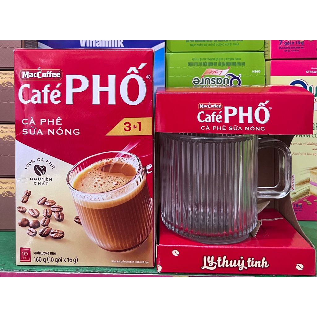 1 hộp cafe phố SỮA NÓNG 160g - 1 ly thuỷ tinh 360ml.