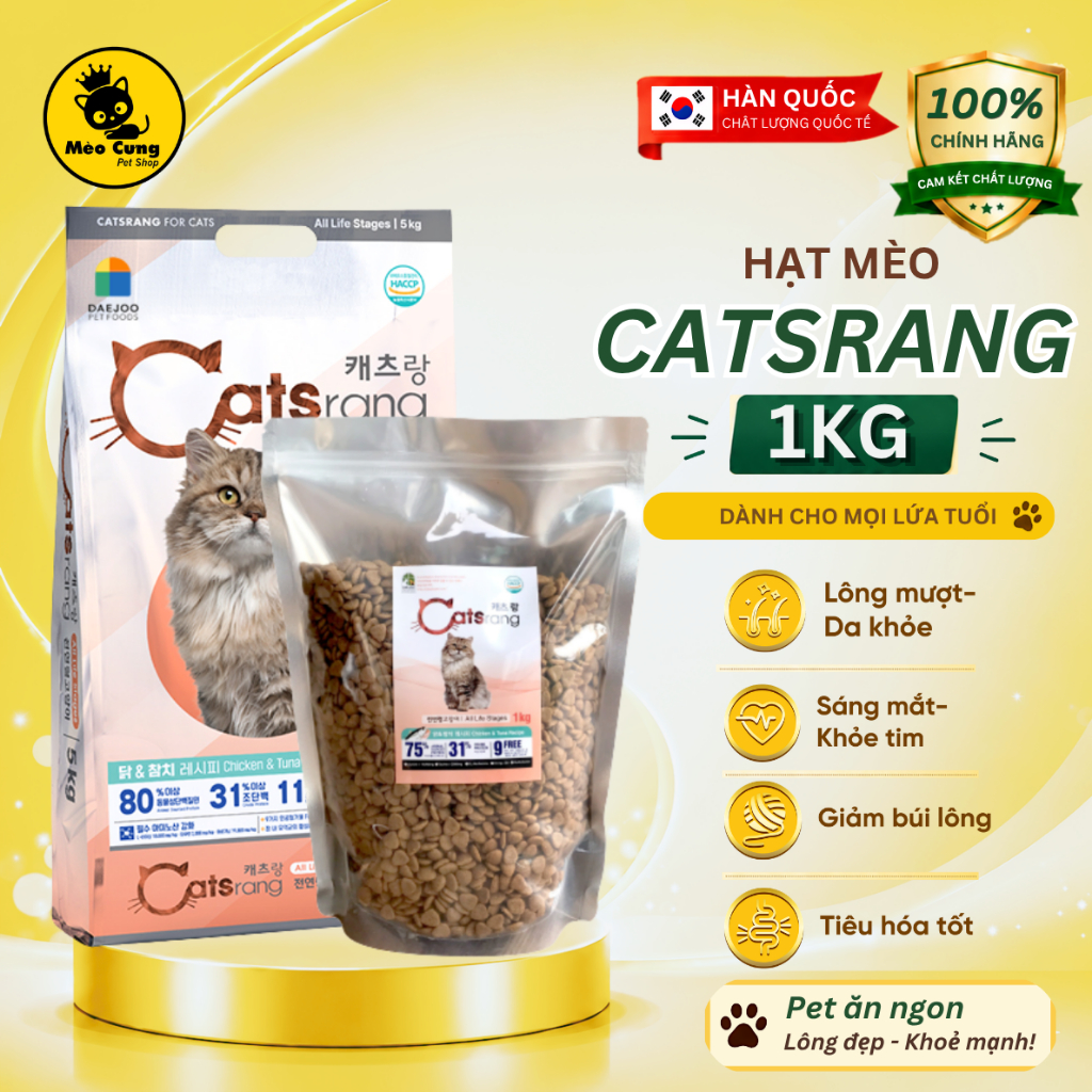 [ÁP MÃ VIDEO] Hạt Mèo Catsrang 1kg Chính Hãng - Cho Mèo Mọi Lứa Tuổi, Dễ Tiêu Hóa, Hàn Quốc