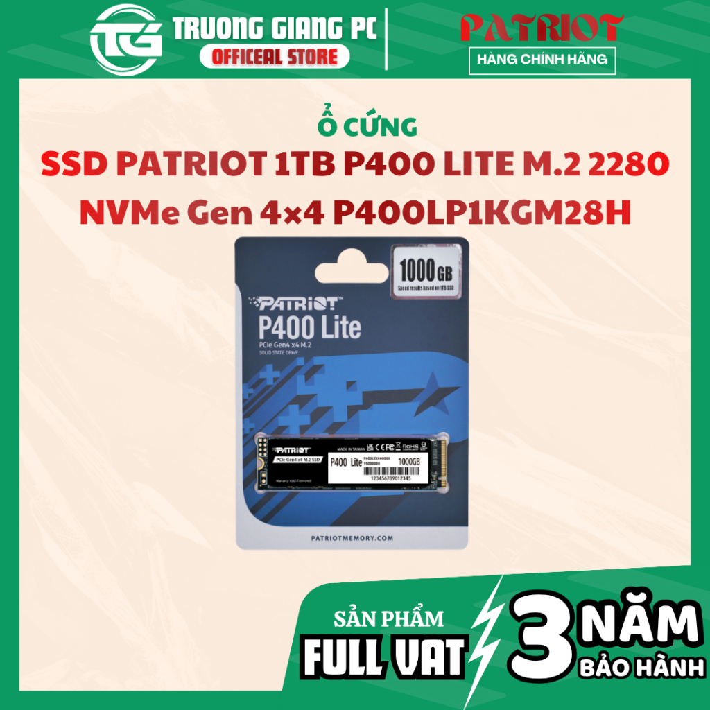 [CHÍNH HÃNG] Ổ CỨNG SSD PATRIOT 1TB P400 LITE M.2 2280 NVMe Gen 4×4 P400LP1KGM28H (FULL VAT) - BẢO H