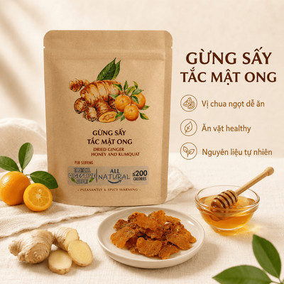 Túi Gừng Sấy Nam Xanh, Gừng Sấy Tắc Mật Ong, Vị Chua Ngọt, Ăn Vặt Healthy, Nguyên Liệu Tự Nhiên