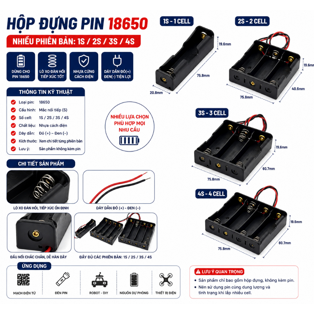 Đế Pin 18650 Có 2 Dây Đầu Ra 1 Pin, 2 Pin, 3 Pin, 4 Pin, Khay Pin 18650 Chân Hàn 1/2/3/4 Pin