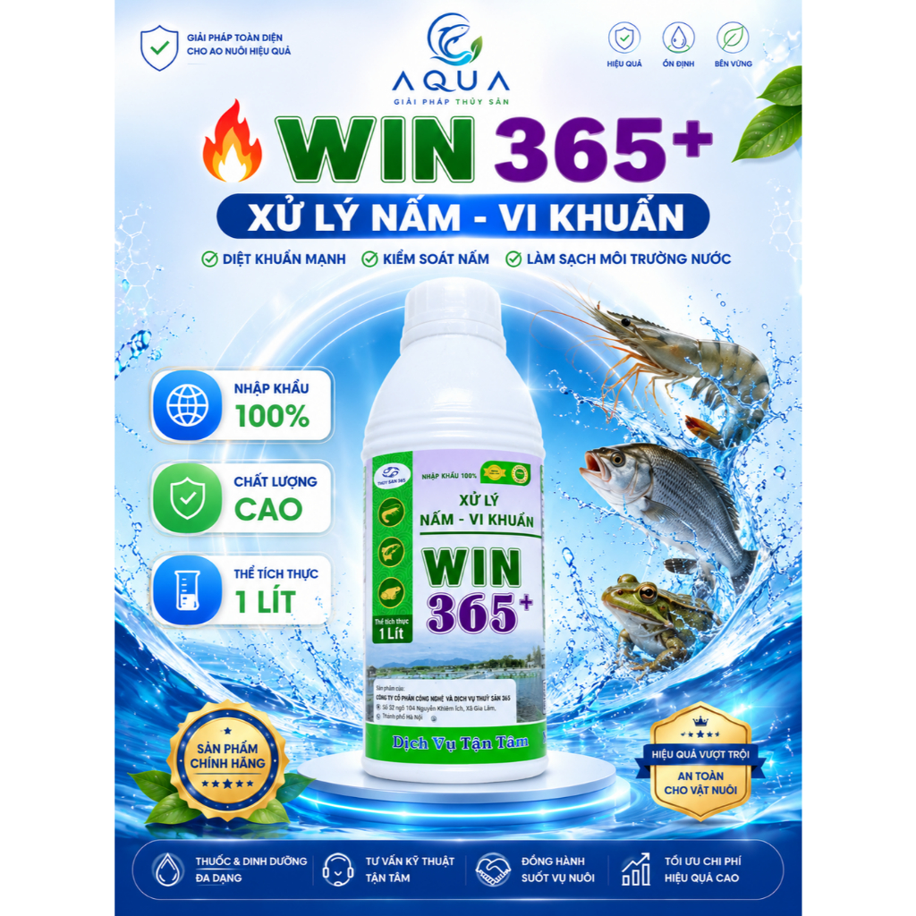 WIN 365+ Xử Lý Nấm Vi Khuẩn 1L Giảm Mầm Bệnh Tăng Tỷ Lệ Sống Tôm Cá