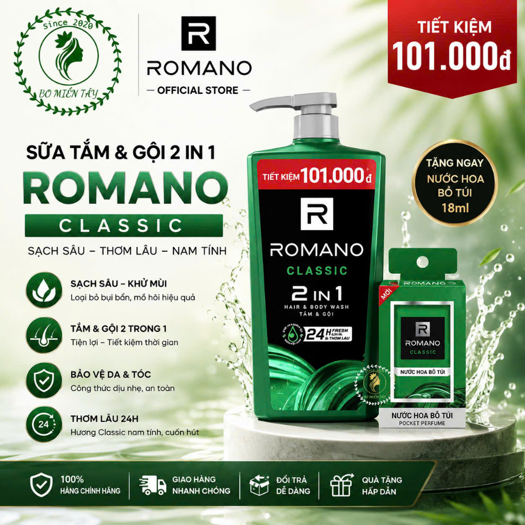 Dầu Gội Romano Classic 2in1 900g Cho Nam + Tặng Xà Bông 90g/ Nước Hoa 18ml – Sạch Gàu, Thơm Lâu