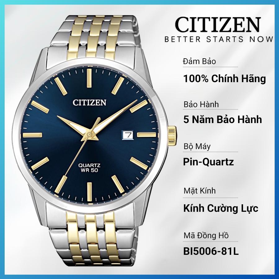 Đồng Hồ Nam Citizen Pin-Quartz Dây Thép Không Gỉ BI5006-81L - Mặt Xanh (39mm)