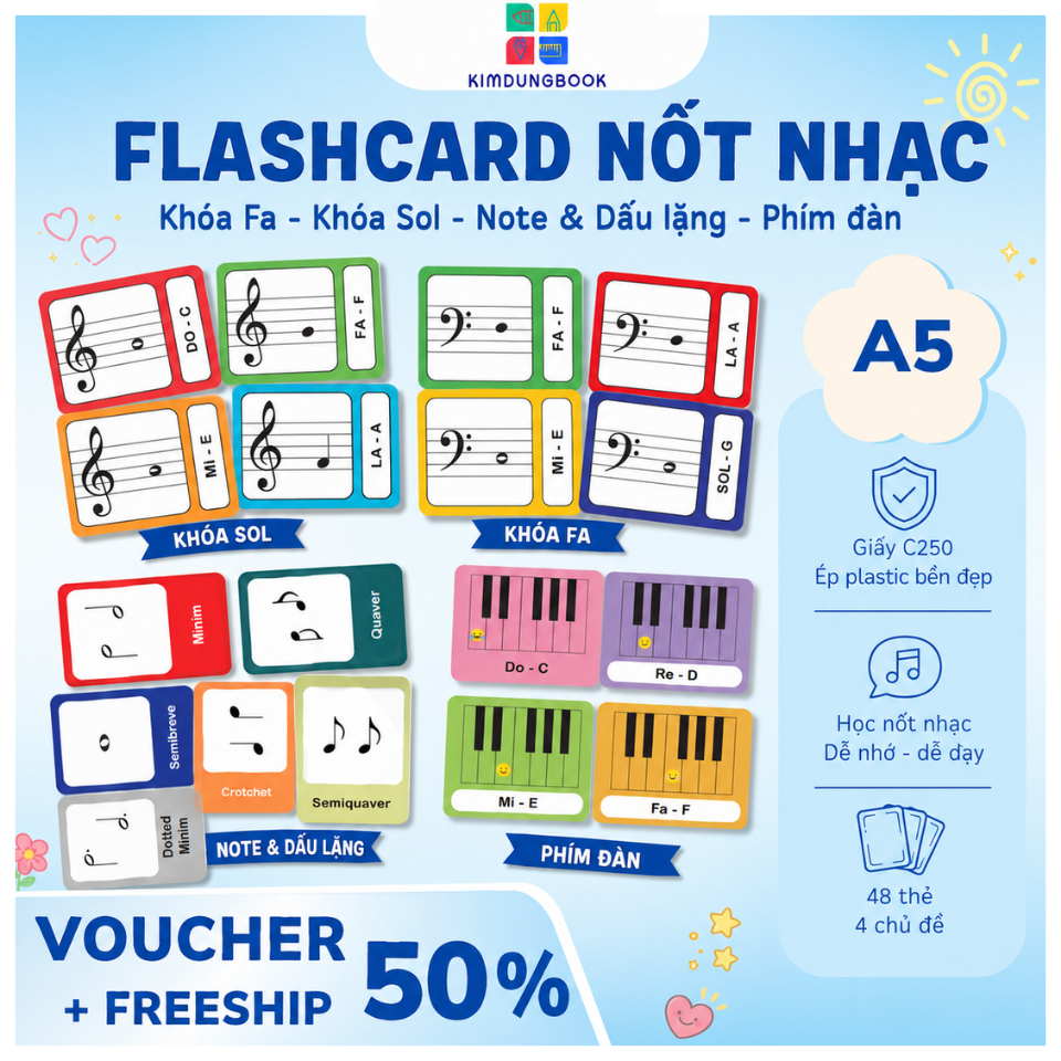 (7705) FLASHCARD nốt nhạc A5-Flashcard trên khóa Fa,khóa Sol- Flashcard hình note, hình dấu lặng- Hì
