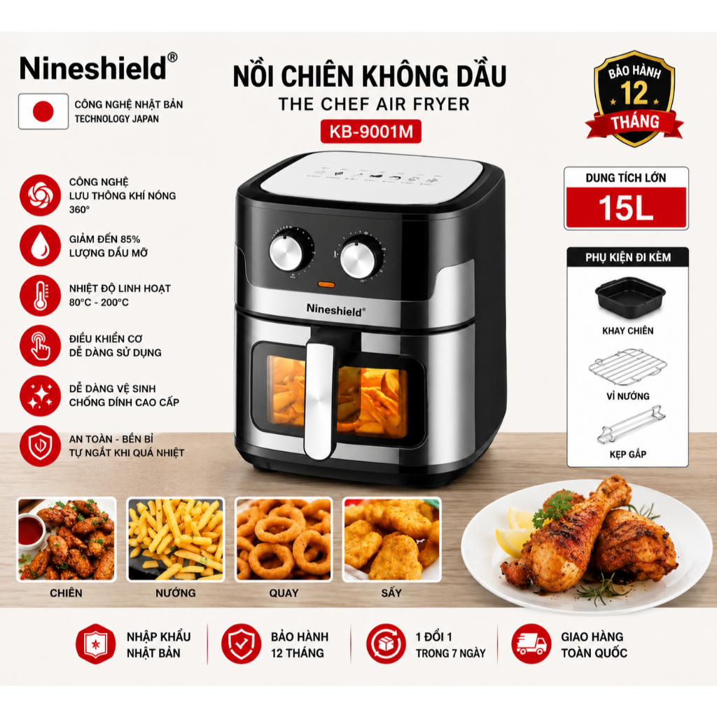 Nồi chiên không dầu Nineshield KB-9001M 15L là thiết bị gia dụng hiện đại giúp chế biến các món