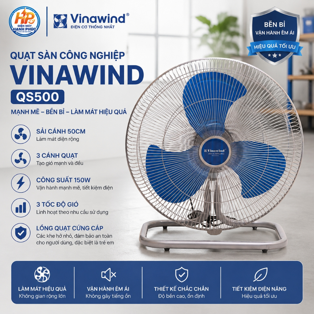 Quạt Sàn Công Nghiệp Vinawind QS500 - Sải cánh 50cm, Công suất lớn, Bền bỉ, Hàng chính hãng